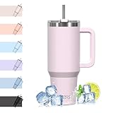 WATERSY 40oz Kaffeebecher to Go Thermobecher Doppelwandiger Edelstahl Vakuum Auslaufsicher Trinkbecher mit Griff und Strohhalm Thermo Tumbler Rosenpulver