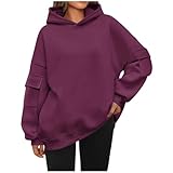 Damen-Sweatshirt, Übergröße, trendig, einfarbig, langärmelig, Taschen, Übergröße, lockerer Kapuzen-Top, Herbst-Top, Herbstmode, Kleidung, #1 - Hot Pink, S