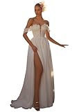 TANPAUL Florale Spitze Brautkleider Schulterfrei Chiffon Hochzeitskleider Boho Beach Standesamt Brautkleid mit Schlitz Weiß-B 44
