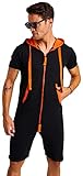 Björn Swensen Jumpsuit Herren kurz Sommer Baumwolle Jogginghose kurze Hose Overall Onesie Männer T-Shirt Kapuze Sommerjumpsuit Schlafanzug Jogginganzug BS-3010 Schwarz-Orange Large