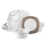 Geschirr 12/24-teiliges Geschirrset mit Keramiktellern, weißes Porzellangeschirrset mit braunen Linien, Abendessen-/Dessert-/Schüsselservice for 4/8 Personen(12 Piece)