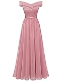 Bbonlinedress Sommerkleid Damen Abendkleid lang Elegant Kleider Schulterfrei Spitze Chiffon Hochzeit Kleid Brautjunferkleid Prom Bridesmaid Dress Partykleid Ballkleid-2Blush M