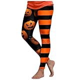 Generisch Leggings Sport Kompression Damen Hohe Taille Bedruckte Strumpfhose mit Kürbis Motiv Gruselig Muster Leggins Blickdicht Herbst Sporthose Yogahose
