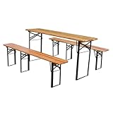 HaoChrymec Faltbare Bierzeltgarnitur 175 cm, 3-teilig, Klapptisch und 2 Bierbänke, Massivholz, Wetterfest, Platzsparend, Für Picknick, BBQ, Festzeltgarten, Weiß + Naturholz
