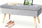 Hawthyhome Sitzbank mit Stauraum 80 × 35 × 43 cm, Sitztruhe mit Aufbewahrungsbox Truhenbank Samt Polsterbank mit Holzbeine für Flur Wohnzimmer Schlafzimmer Grau
