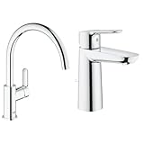 GROHE BauEdge - Einhand-Spültischbetterie (Einlochmontage, Einlochmontage, 360° schwenkbar), chrom, 31367000 & BauEdge - Einhand-Waschtischarmatur (DN15, M-Size, Einlochmontage), chrom, 23758000