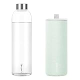 LOOFORE Glasflasche 1 liter / 1l, Wasserflasche Glas 1000ml inkl. Neoprenhülle, BPA freie, Trinkflasche Spülmaschinenfeste, Water Bottle für kohlensäurehaltige Getränke