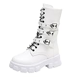 Damenstiefel für Frühling und Herbst, Winter, dick, Punk, schöne Stiefel, runde Zehenpartie, Gürtelschnalle, Motorradstiefel, kniehohe Regenstiefel, nicht für breite Waden geeignet, weiß, 40.5 EU
