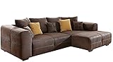 Cavadore Ecksofa Mavericco / Polster Eck-Couch mit Kissen in Antik-Leder-Optik und Holzfüßen / Longchair rechts / 285 x 69 x 170 / Mikrofaser Braun