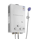16KW LPG Durchlauferhitzer, 8L Kapazität – Sofortige Warmwasser mit Duschkopf & Schlauch – Mobiler Gaswasserheizer für Camping, Wohnwagen und Garten – Hohe Effizienz (≥80.8%), Einfache Montage
