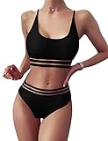 TOMEEK Damen Bikini Set mit Mesh Zweiteilig Badeanzug Push up Gepolstert High Cut Sport Bademode Hohe Taille Bikinis für Frauen(Schwarz,S)