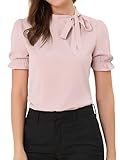 Allegra K Damen Bluse mit Schleife Schluppenbluse Festliche Blusen Kurzarm Panel Fliege Hals Rüschen Elegant Top Rosa M