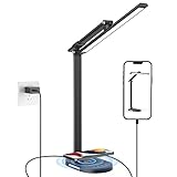 Schreibtischlampe LED Dimmbare Tischlampe, 5 Farbmodi und 5 Helligkeitsstufen Blendfreie Augenschutz-Desk Lamp, mit10W kabelloses Laden und Laden über USB-Anschluss，Mit 5V/3A Netzadapter