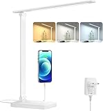 Lepro LED Schreibtischlampe 15W, Dimmbar Tischleuchte 655LM mit 3 Farbmodi & 5 Helligkeitsstufen, USB-Anschluss, Augenschutz Leselampe für Büro, Arbeitszimmer, Nachttisch & Lesen, Weiß