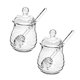 FIXOSHEE 2 STÜCK Teiliges Honigglas Set aus Hitzebeständigem Borosilikatglas mit Spiral Honiglöffel und Transparentem Glasdeckel Luftdichter Vorratsbehälter für Küche und Wiederverwendbar