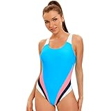 YIMAIWLX Badeanzug Frauen EIN Stück Badeanzug Farbblock Sport Surfing Athletic Gepolstert Schwimmkostüm-Blauer See-m