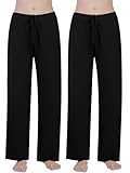 Ymmchy Damen Schlafanzughose Lang Pyjamahose Bequem Freizeithose Weich Nachtwäsche Hose mit Taschen 2-Pack Schwarz/Schwarz L