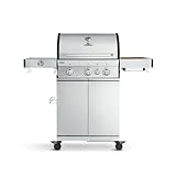 BURNHARD 3-Brenner Gasgrill FRED Deluxe 2023 inkl. Backburner, 900°C Infrarot-Keramikbrenner, Seitenkochfeld, Gusseisen-Grillrost, Grillabdeckung, Edelstahl Grillwagen + klappbare Seitentische