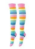 Aniler Damen Regenbogen Socken Gestreifte Kniestrümpfe Oberschenkel Hohe Strümpfe Casual Tube Overknee Socken Kostüm Beinwärmer, Kniehoch - Rosa, Einheitsgröße