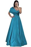 Ballkleid, eine Schulter, lang, plissiert, Satin, A-Linie, formelles Abendkleid, aqua, 54