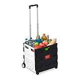 Relaxdays Einkaufstrolley klappbar, mit Teleskopgriff, Rollen, Transporttrolley bis 35 kg, 50 Liter Kiste, schwarz/grau