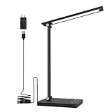 Shuwomart Schreibtischlampe LED Dimmbar Tischlampe 5 Farben und 10 Helligkeitsstufen,Schreibtischleuchte Augenschutz mit 45-Minuten Timer,USB-Anschluss,Speicherfunktion für Leser,Kinder,Büro,Schwarz
