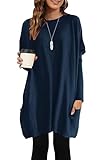 AUSELILY Longpullover für Damen Langarmshirt Lang Oversized Rundhalsausschnitt T-Shirts Sweashirt Tunika Damen Pulli Long-Shirt Kleid mit Taschen Marineblau L