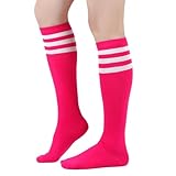 woosnscly Kniestrümpfe für Damen, gestreift, lange Socken, bunte Wadensocken, Sport, athletisch, Rollschuhe, kniehohe Strümpfe, Knallpink (Hot Pink), Einheitsgröße