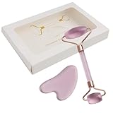 Rosenquarz Roller und Gua Sha Stein Set, Gesichtsmassagegerät für Hautstraffung, Gua Sha Massage Stein für Augenschwellungen, Anti-Aging Rosenquarz Roller für Entspannung und Durchblutung