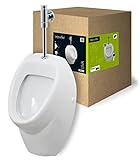 'aquaSu® Urinal Absaug-Urinal Set uVa | Inklusive Druckspüler und Absaugformstück | Zulauf von oben | Ablauf hinten | Becken aus Sanitärkeramik | Mit Winkelbefestigung | Weiß | 03897 3