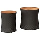 vidaXL Garten Beistelltisch 2 STK., Tisch mit Holzplatte, Gartentisch mit Stahlgestell, Terrassentisch Gartenmöbel Gartengarnitur, Schwarz Poly Rattan