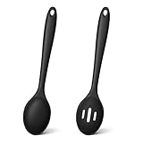 TEAMFAR Kochlöffel, 2 Stück Silikon Löffel Rührlöffel Set, Schwarz Antihaft Küchenhelfer zum Kochen Backen Rühren, Hitzebeständig, Spülmaschinenfest