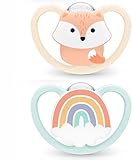 NUK Space Schnuller | 0-6 Monate | Schnuller mit zusätzlicher Belüftung für empfindliche Haut | BPA freies Silikon | Fuchs & Regenbogen | 2 Stück