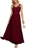 MODECRUSH Abendkleider Damen Maxi Cocktailkleid Pailetten Ballkleid V-Ausschnitt Ärmellos A-Linie Spitzen Musselin Leicht und Luftig für Hochzeitsgäste Brautjungfern, Rot, 2XL