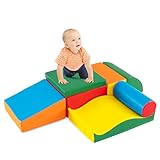 DREAMADE 7 TLG. Schaumstoffbausteine Riesenbausteine zum Toben und Klettern, XXL Bausteine Kinder, Softbausteine aus Schaumstoff, Großbausteine mit PU-Bezug für Babys & Kleinkinder (Blau+Gelb)