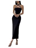 SweatyRocks Damen Maxikleid Elegant Neckholder Kleid Ärmellos Kleid mit Kreuzgurt Eng Partykleider Figurbetontes Kleid Schwarz S