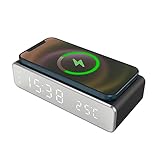 TECHMADE Digitaler Wecker mit kabelloser Aufladung, Wecker mit Timer, LED-Display verstellbar, Nachtlicht, Aufladen für iPhone, Samsung, Huawei und andere (Schwarz)