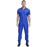 Sywiyi Herren Kurzarm Overall Jumpsuit Lange Einteiler Arbeitsoverall mit Gürtel Zipper Maleranzug Arbeitskleidung Blau L