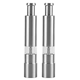 Pfeffermühle mit einer Hand – Mahlwerk mit Knopf aus Edelstahl, manuelles Gewürzmahlwerk | Kompaktes Mahlwerk mit Pfeffer und Meersalz für Küche, Grill, Cam