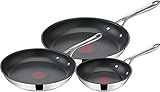 Jamie Oliver by Tefal E304S3 Cook´s Direct On 3-teiliges Bratpfannen-Set | 20, 24, 28 cm | Induktionsgeeignet | Spülmaschinengeeignet | Thermo-Signal-Technologie | Edelstahl/Schwarz