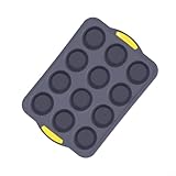 12 Muffinformen aus Silikon zum Backen, Edelstahl-Rahmen, antihaftbeschichtete Cupcake- und Backblech mit Griffen, ofen-, mikrowellen- und spülmaschinenfest, grau