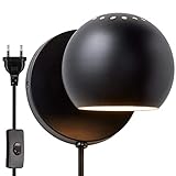 Vintage Wandleuchte Innen mit Schalter Kugelform Retro Wandlampe aus Metall Schwarz Industriallampe mit Stecker Bettlampe Sphärische Schirm E27 Wandbeleuchtung für Schlafzimmer Wohnzimmer,Matte black