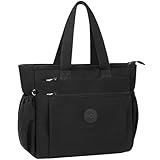 WACCET Damen Handtasche Groß, Wasserdicht Nylon Umhängetasche mit Viele Fächer, Leichte Tote Bag Shopper Tasche für Reisen, Arbeit, Schule - Schwarz, 37 cm x 15 cm x 30 cm