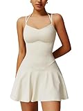 Tenniskleid für Damen, Spaghettiträger, Golfkleid, 2-in-1, Yoga, athletisches Kleid mit integrierten Shorts mit Taschen, Beige, Groß
