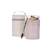 SANTECO Müslibecher to go 500ml+220ml Thermobehälter für Essen mit Löffel Hält 12 Stunden Warm, Spülmaschinenfest, BPA-frei, 2 in 1 Lunchpot Praktisch Joghurtbecher für Arbeit/Schule/Zuhause, Grau