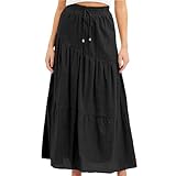 biJerou Damen-Sommer-Boho-Maxirock mit elastischer hoher Taille, A-Linie, fließende Swing-Rüschen, abgestufte lange Strandröcke mit Taschen Crawler Reifen (Black, S)