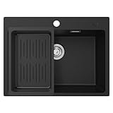 CECIPA Spülbecken Schwarz Granit 60 x 45 cm, Küchenspüle mit Siebkorb, Waschbecken Küche, Spüle Schwarz Granitspüle für 60cm breite Unterschränke, Spülbecken Küche mit Siphon Ab- und Überlaufgarnitur