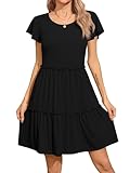 Missufe Damen Sommer Freizeitkleider Babydoll Flatterärmel Rundhals Gestuftes Strandkleid A-Linien Swing Kleid (Schwarz, Groß)
