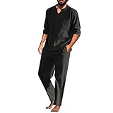 Männer Casual 2-Stücke Baumwolle Leinen Set Shirt Langarm Lässige Strandhose Sommer Leicht Freizeitanzug Einfarbig Einfach Jogginganzug Herren Kurzärmelig Tshirt Hose Hosenanzüge (Black, XL)