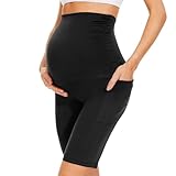 QGGQDD Kurze Umstandsleggings mit Taschen Umstands Radlerhose Damen Umstandshose Kurz Schwangerschaft Für Schwangere(Schwarz,Large)